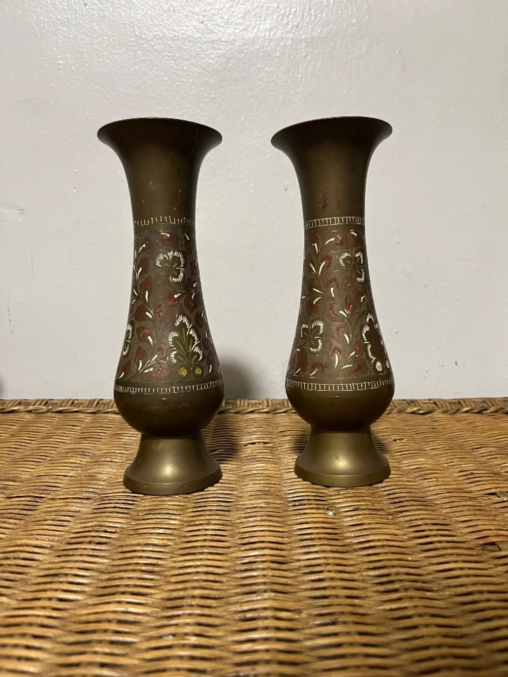 Vintage Pair of Colored Etched Brass Vases Made In India 1970s